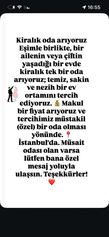 Kiralık oda arıyoruz Eşimle birlikte, bir ailenin veya çiftin yaşadığı bir evde kiralık  - Avcılar, İstanbul